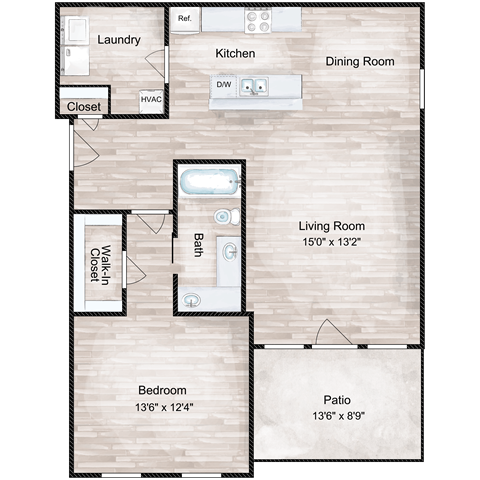 Floor plan for 1 bed, 1 bath, 958 sqft